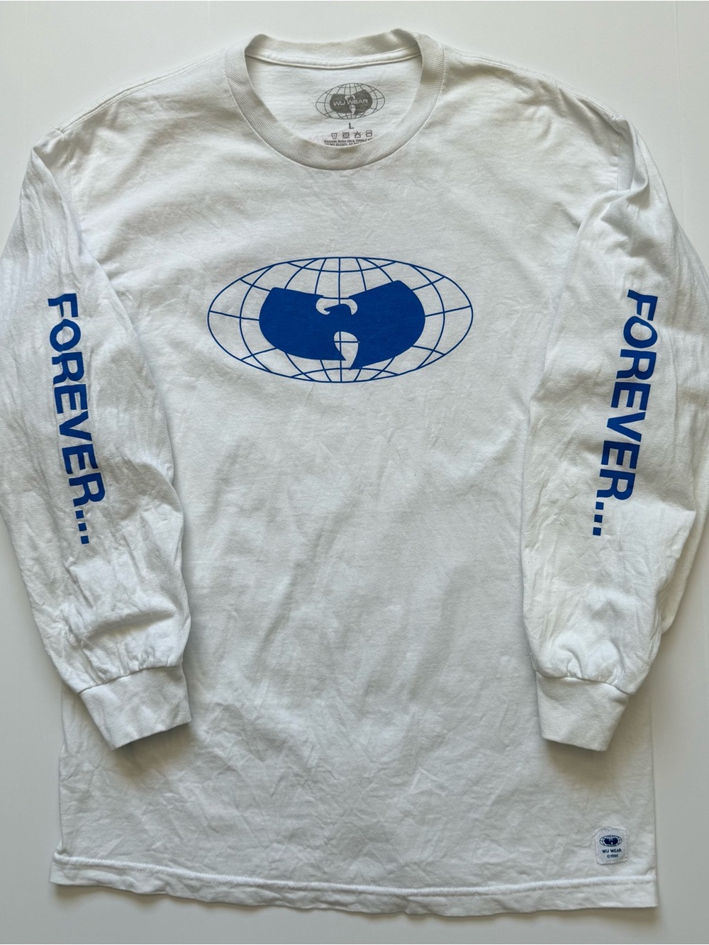 🔴Wu-Wear Shirt Size Large Long Sleeves White Blue Wu-Tang World Gza